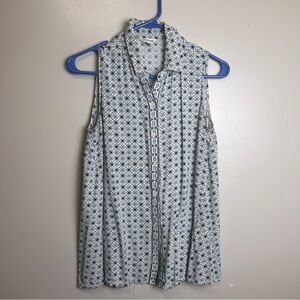 Max Studio Sleeveless Blue & Green Geometric Button Down Shirt Size Small, EUC